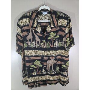 Vtg K Woman Safari Faux Silk Lightweight Button Down Short Sleeve Sz 18W Grunge